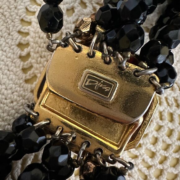 Vintage Diva Multi Strand Beaded Statement Necklace Black and Gold Bold Costume - Picture 7 of 7